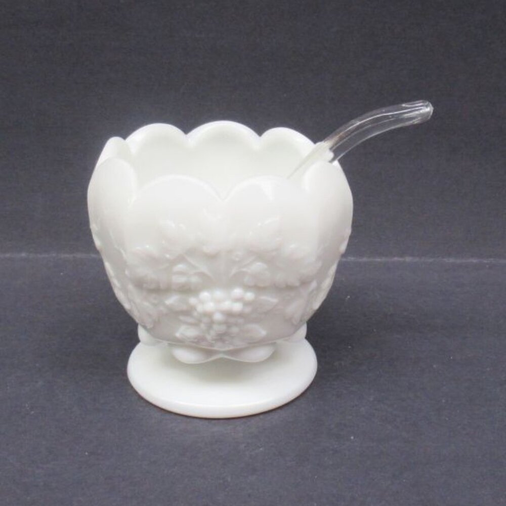 Westmoreland Milk Glass PANELED GRAPE 3 3/4 Inch Cupped Mayonnaise Bowl w/Ladle